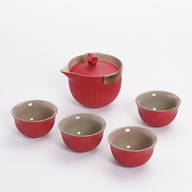 Chinese Rough Pottery Hand-Grip Teapot Set