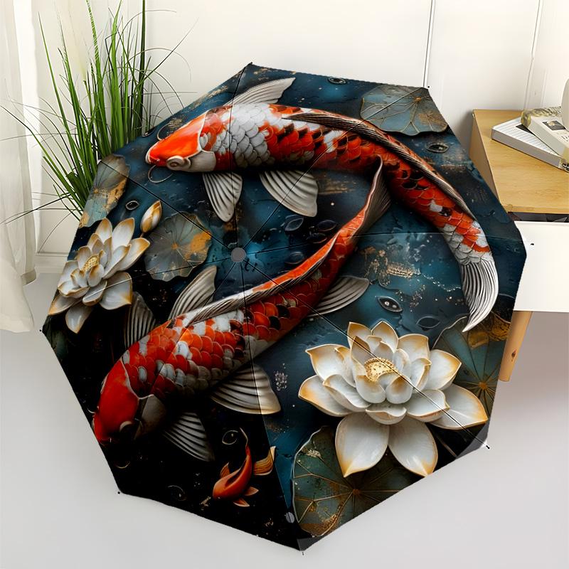 Koi Fish Lotus Flowers Automatic Umbrella with 8-Rib Foldable Design All-Season Use Fashionable Accessory Best for Christmas