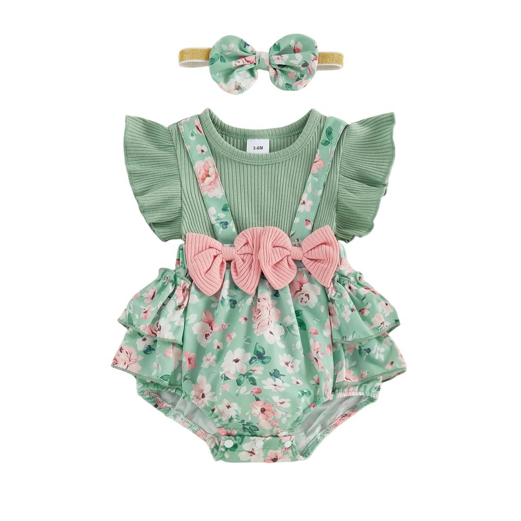 Citgeett Summer Infant Baby Girl Floral Bodysuit Dress Cute Bow Flying Sleeve Jumpsuit Headband Clothes