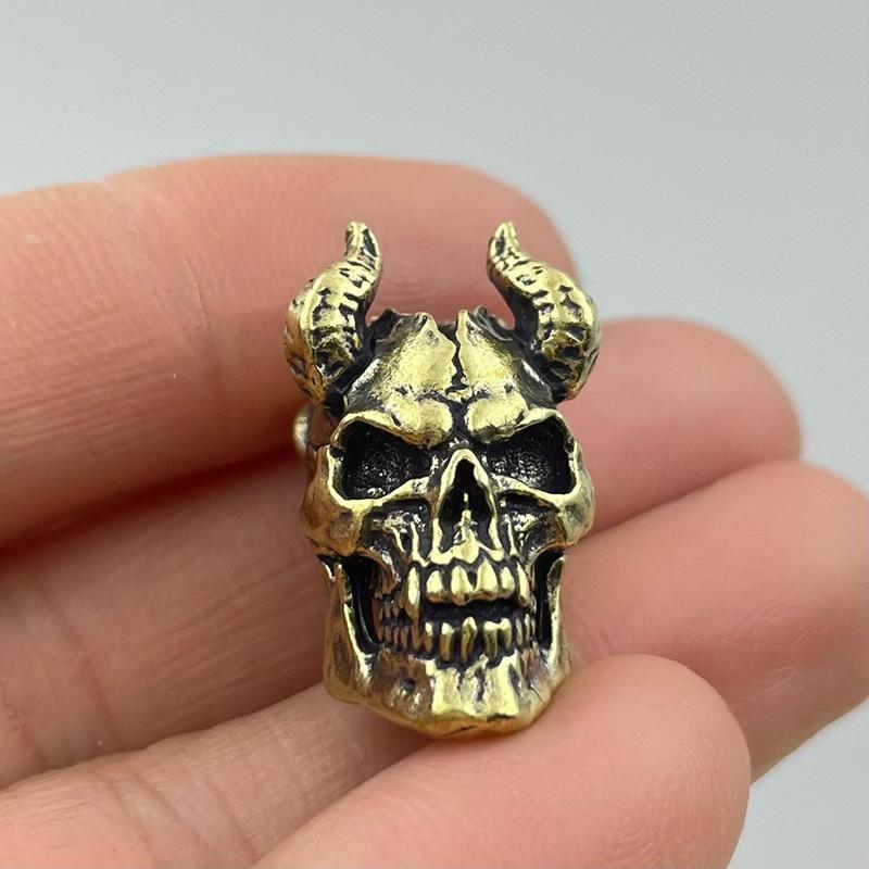Brass Horned Skull Head Knife Bead Punk Edc Outdoor Diy Paracord Woven Lanyard Pendant Retro Umbrella Rope Bracelets Accessories