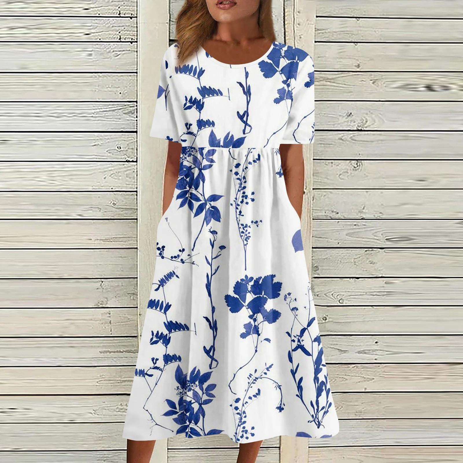 

Женское струящееся платье миди в стиле бохо с цветочным принтом, повседневное свободное летнее платье с коротким рукавом для пляжного отдыха и карманами XL синий