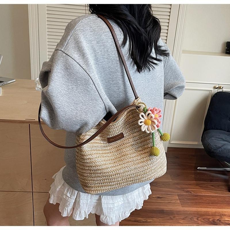 Fashionable Woven Straw Women'S Shoulder Bag Large Capacity Tote Bag Summer Holiday Style Polyester Material Bag