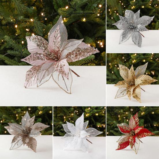 11" Christmas Artificial Flowers Glitter Sequins Poinsettia Flower Fabric Fake Flower Picks for Xmas Tree Ornament Wedding Birthday Wreath Decoration