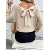 Womens V-Neck Solid Color Long Sleeve Knit Sweater With Bow Detail Loose Fit Casual Pullover