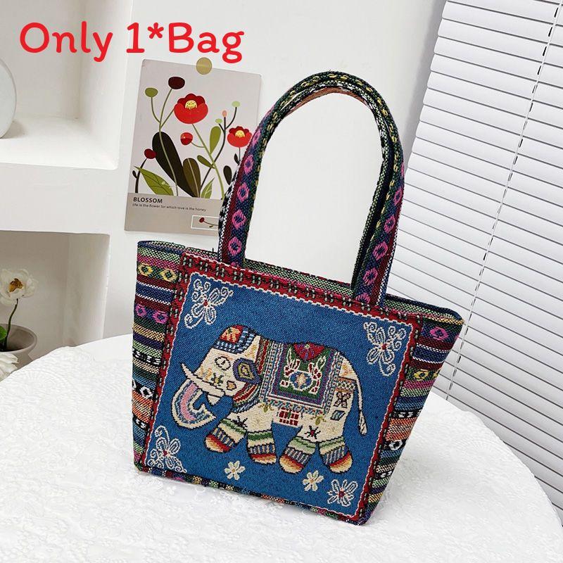 Elephant Embroidered Canvas Handbag With Dual Handles For Casual Daily Use
