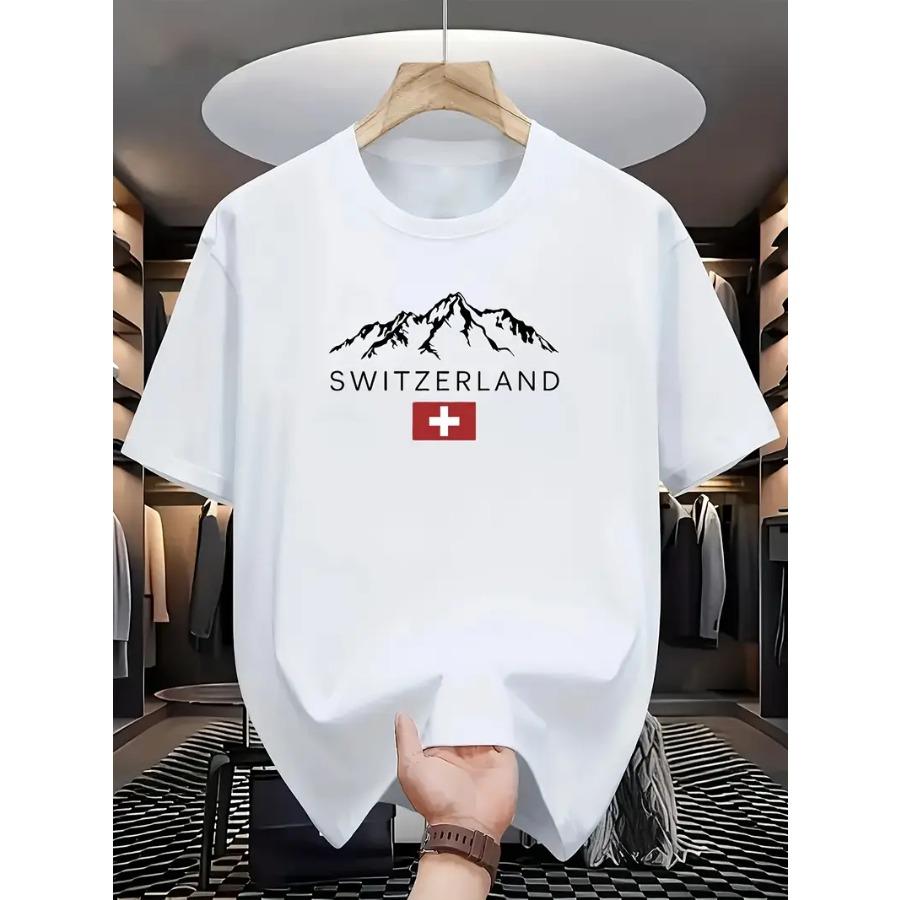 Men's Cotton Casual T-shirt, Round Neck Short Sleeved, Printed with Swiss Mountain Pattern, Regular Style, Slightly Elastic, Suitable for All Seasons