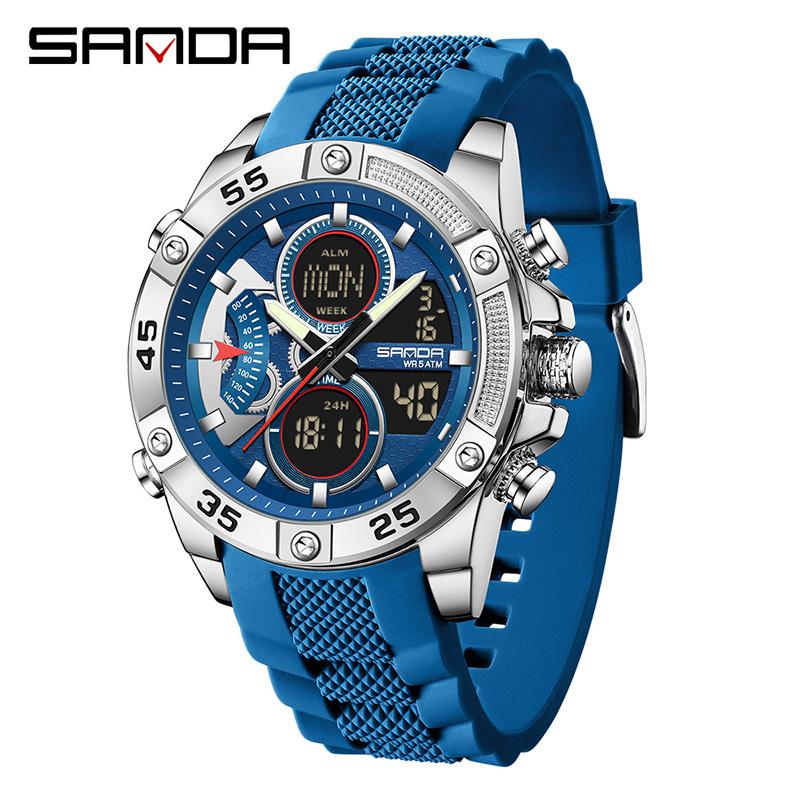 SANDA 5104 New Large Dial Dual Screen Multi Functional Outdoor Silicone Strap Sports Waterproof Men's Electronic Quartz Watch
