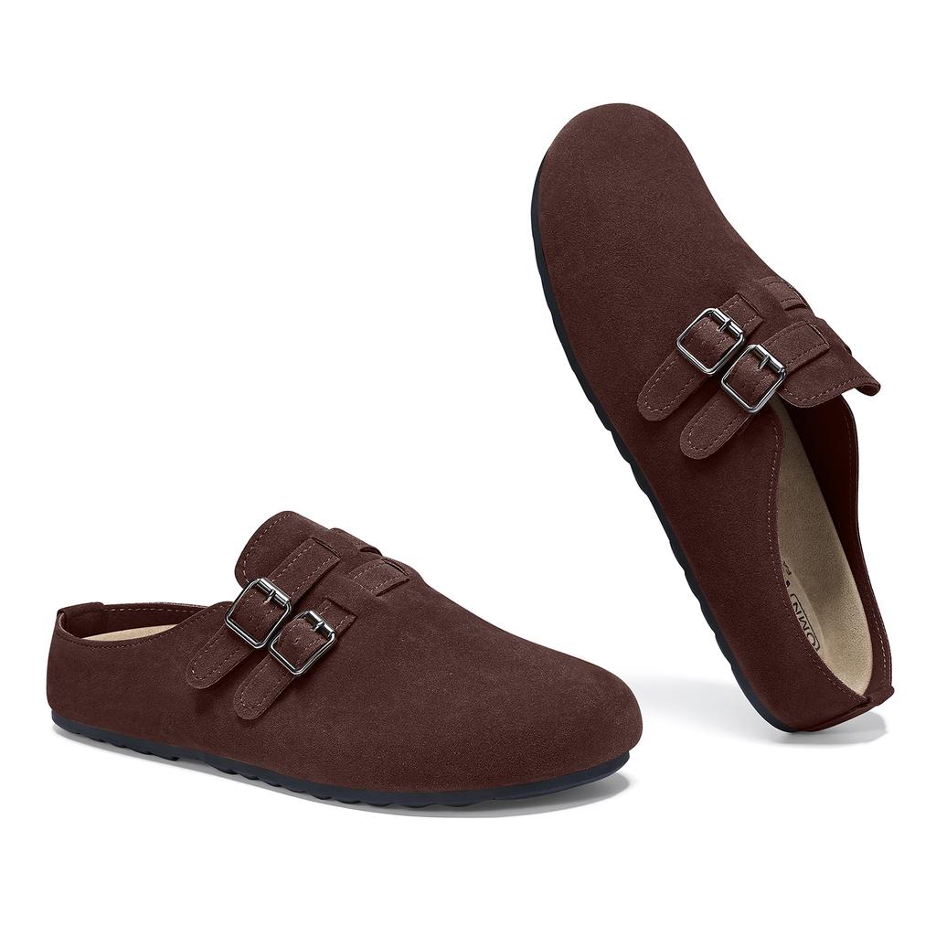 Fashion Crestar Women's Suede Clogs Slippers Comfort Double Buckle Flat Mules Retro Potato Shoes Fashion Lady Soft Insole Leisure Shoes