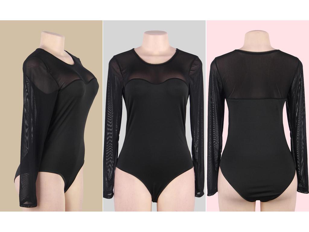 "European & American Plus Size Sexy Mesh Long Sleeve Open Crotch Bodysuit for Women”