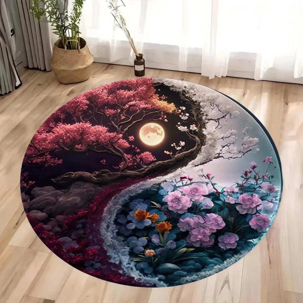 

Yin Yang Mythical Creatures Pattern Round Door Mat Vivid Dragons and Auspicious Beasts NonSlip Floor Mat for Home Decoration 60cm