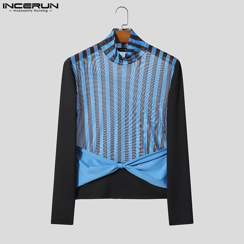 INCERUN Two-piece Men Long Sleeve Striped Mesh Sheer Bow Tops and Pants Sets