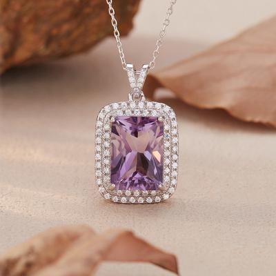 Large Natural Amethyst Pendant Necklace Female Princess Square Cut S925 Silver Colored Jewelry.