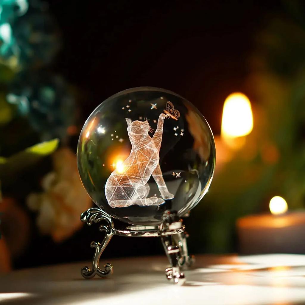 60mm 3D Crystal Ball Laser Engraved Glass Ornaments Animal Figurine Collectibles Paperweight Home Art Decor with Stand