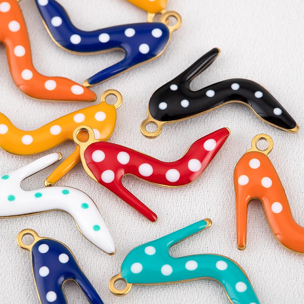 10pcs 304 Stainless Steel Double-Sided Enamel High Heel Pendant With Polka Dots Fashion Versatile DIY Necklace Jewelry Finding