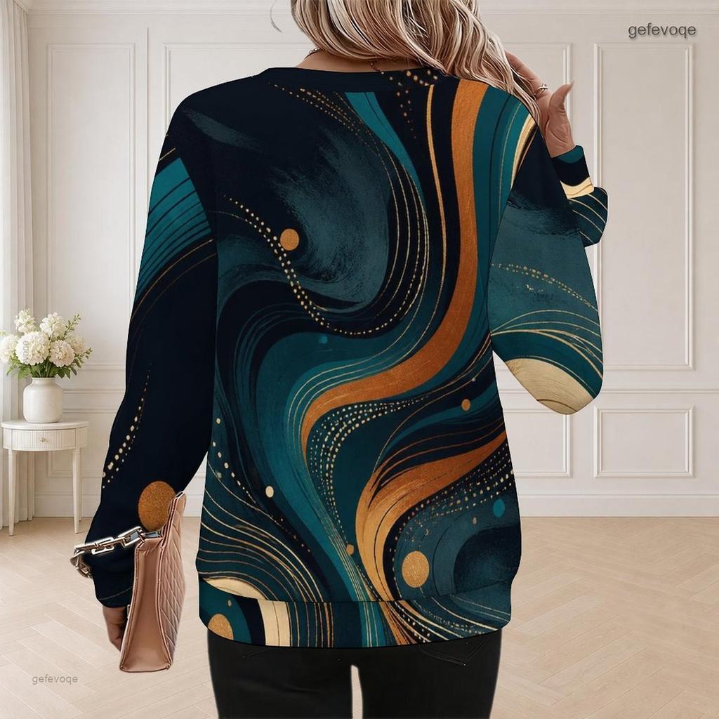 Women Plus Size Round Neck Long Sleeve Ribbed Cuffs Galaxy Nebula Print Sweatshirt