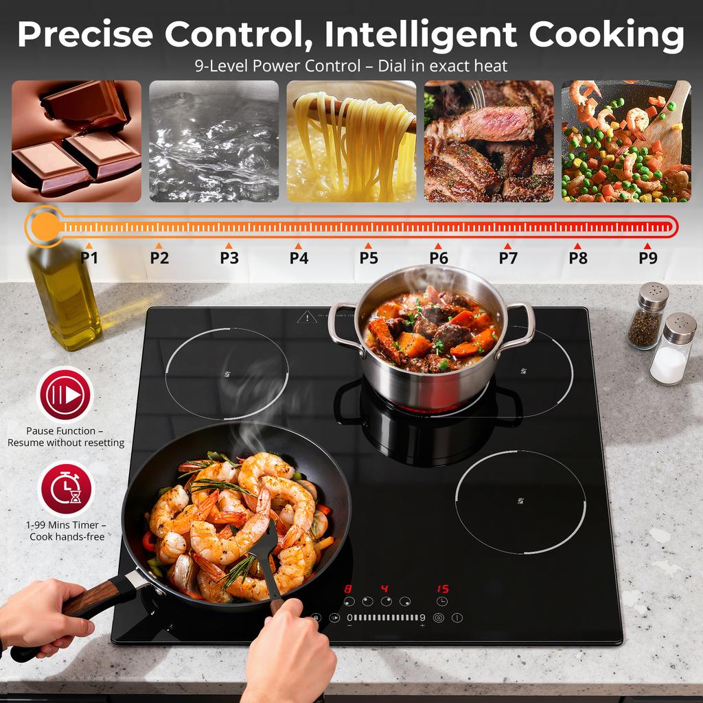 60 cm Glass Ceramic Hob 4 Plates, 4 Hobs with Oval Zone and Tri-Circle Zone, 6700 W Hob 4 Plates 59 Cm, 9 Heat Settings, Touch