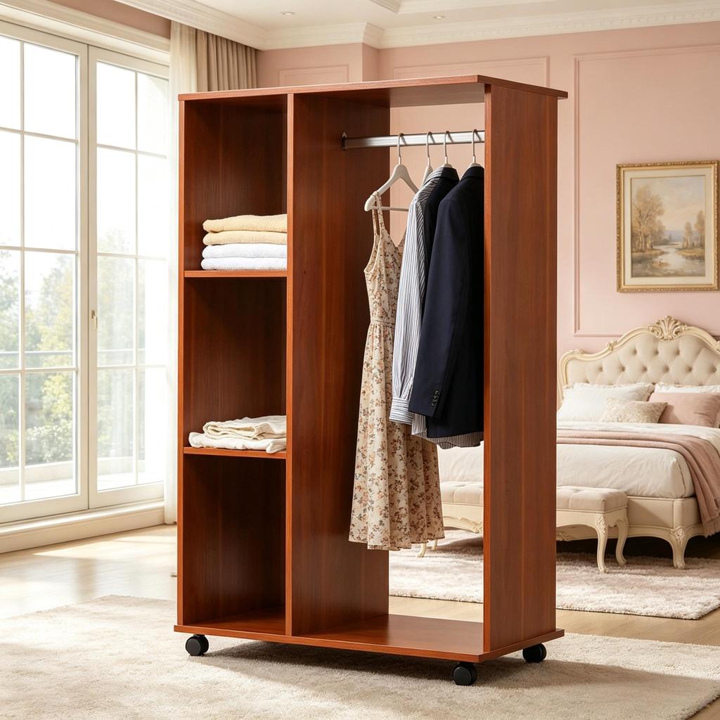 Open Design Storage Cabinet, Bedroom Wardrobe, Wood Storage Shelf, Portable Wardrobe