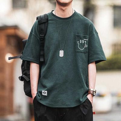 Japanese Waffle Stretch Fit Wrinkle Loose Men's Short-sleeved Fashion Short-sleeved Tops Comfortable Lightweight T-shirt