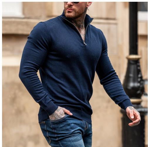 Men S Solid Color Half Zip Stand Collar Long Sleeve Knit Sweater