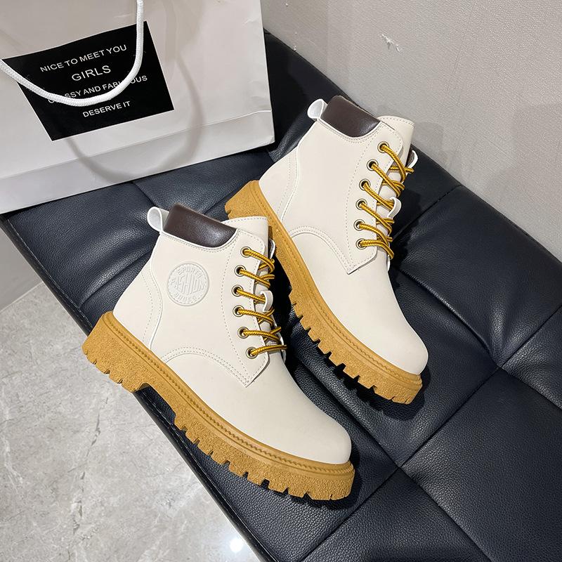 Lokomotiv Retro Martin Stiefel Damen Herbst Britischer Stil Vielseitige Große Gelbe Stiefel Leder Dicksohlige Kurze Stiefel