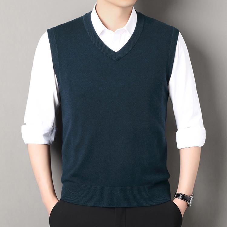 Men's Wool V-Neck Sleeveless Sweater - Solid Color Business Casual Knitwear for Spring and Autumn