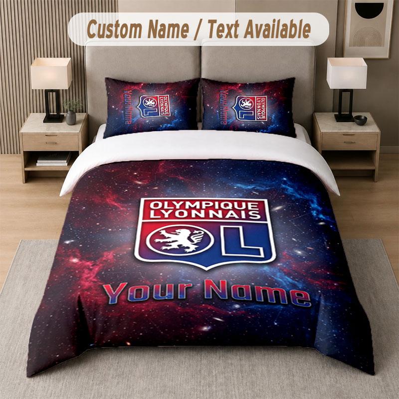 Custom Bedding Set Lyon FC Pattern, Print Name Text 1 Duvet Cover plus 2 Pillowcases Home Textile