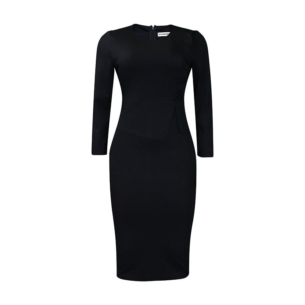 Women's Round Neck Long Sleeve Peplum Midi Dress Slim Fit High Waist Elegant Pencil Dress