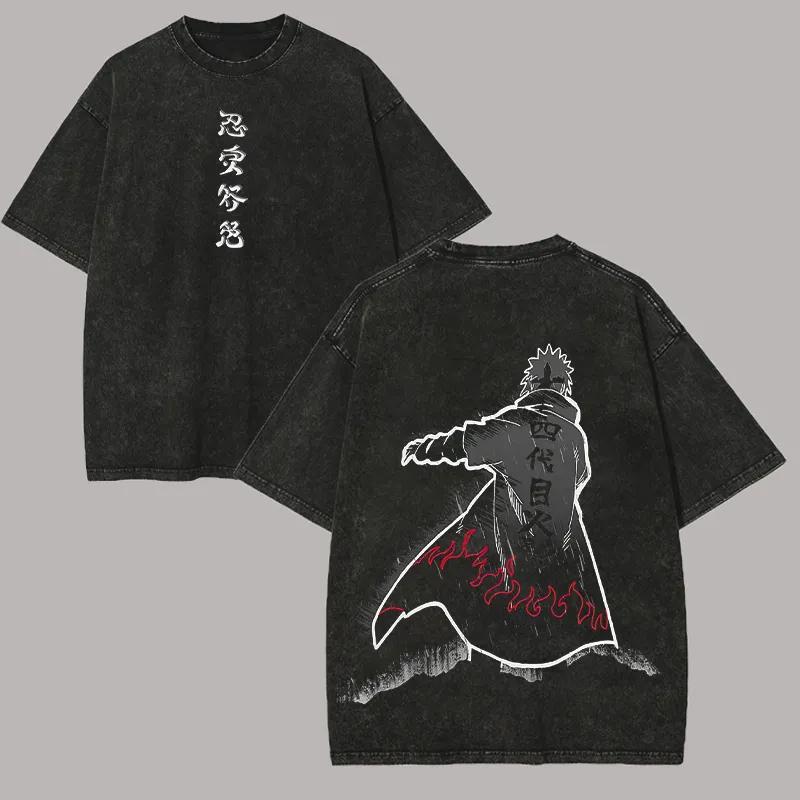 Minato Namikaze T Shirt Naruto Men Acid Wash Back Print Hokage Anime Graphic Cotton Streetwear Fourth Vintage Bootleg Tee M