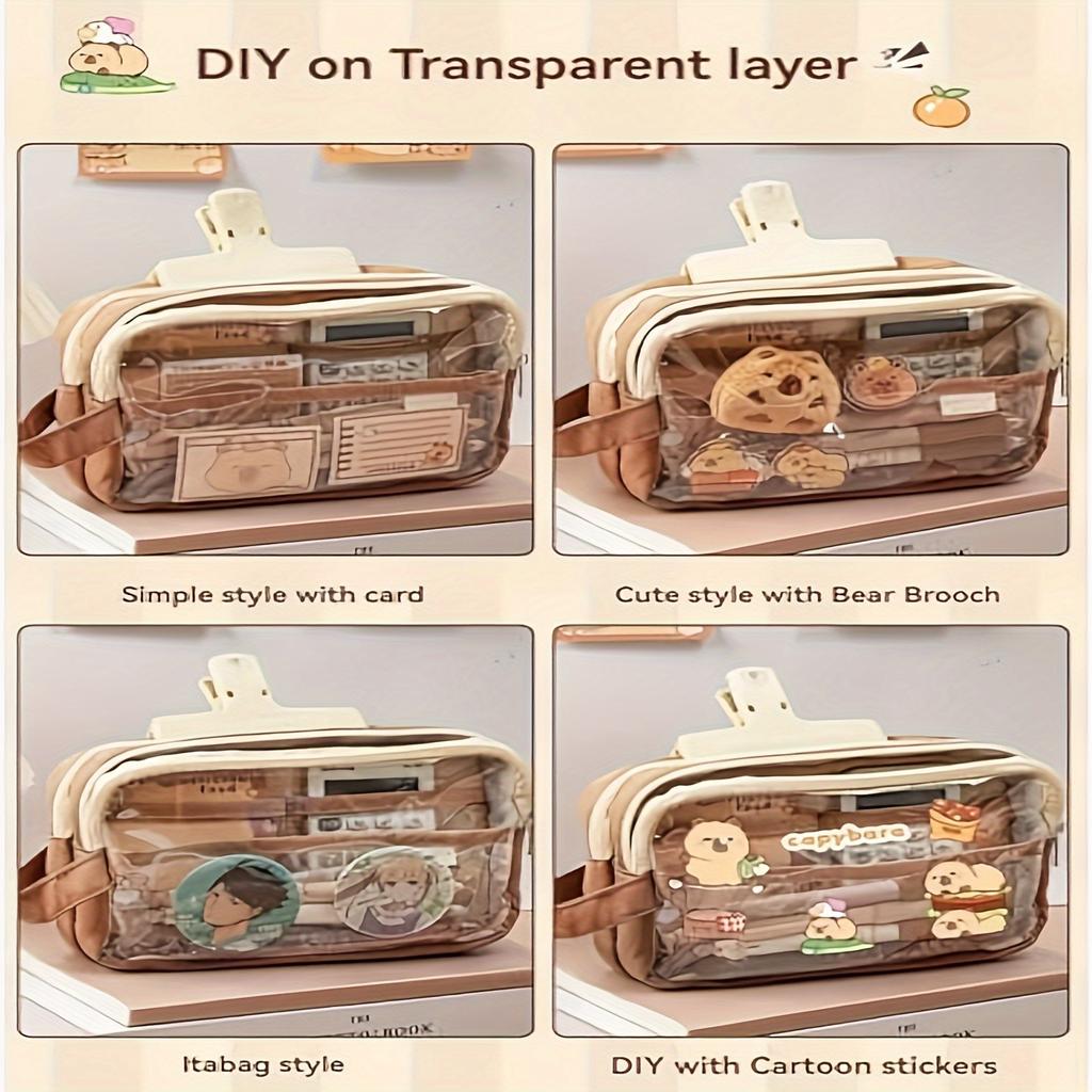 Cute Capybara Pencil Case with Lock - Aesthetic Kawaii Canvas Pouch, Clear School Supplies Organizer with Compartments, Includes