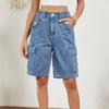 Women's Elastic Waist Denim Cargo Bermuda Shorts Multi‑Pocket Straight Leg Washed Denim Knee‑Length Shorts