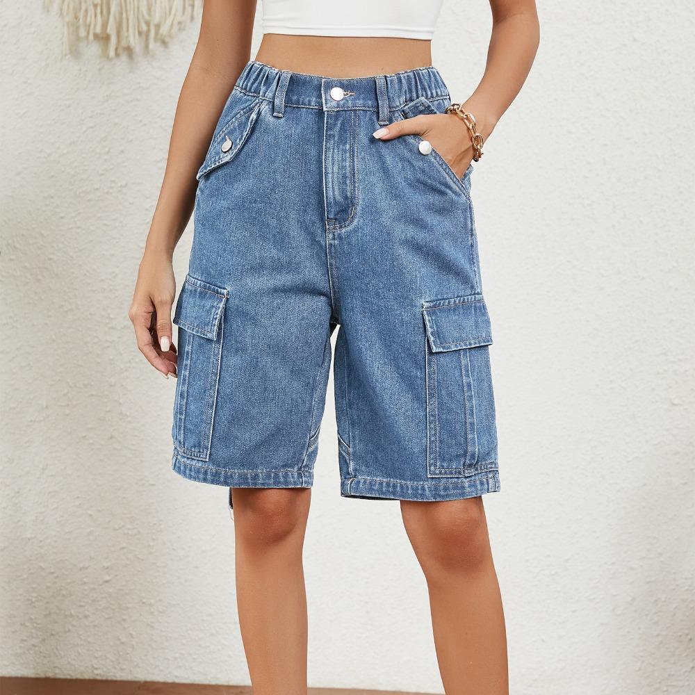 Women's Elastic Waist Denim Cargo Bermuda Shorts Multi‑Pocket Straight Leg Washed Denim Knee‑Length Shorts