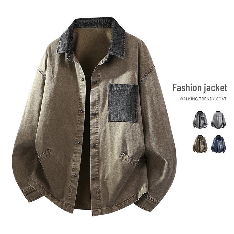 Men's Spring 2026 Retro Washed Cotton Jacket with Patchwork Lapel - Casual Trendy Outerwear