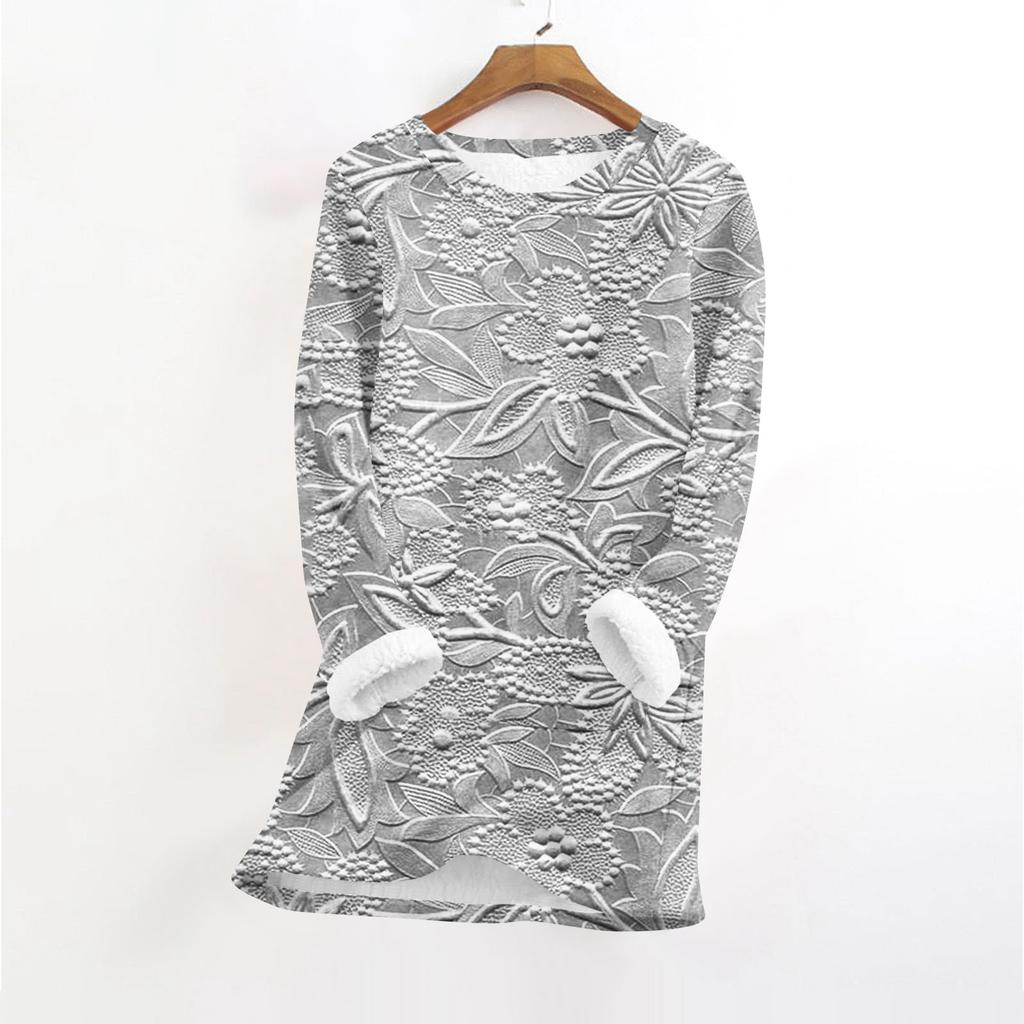 Women's Fashionable Printed Round Neck Long Sleeved Plush Warm Pullover Top