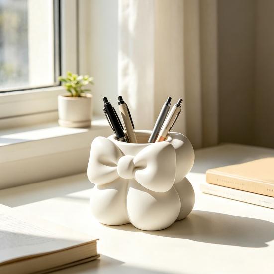 3D Printed Bow Pen Holder for Desk Multifunctional Makeup Brush Storage Container Cute Vanity Organizer for Office Supplies