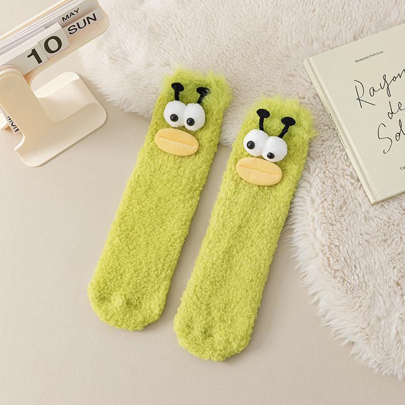 Ugly and Cute Socks, Girls' Fur Hoop Socks, Funny Girls' Socks, Mid-calf Socks, Coral Fleece Winter Warm Floor Socks