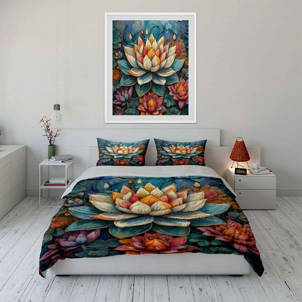 Colorful Lotus With Vibrant Leaves Print Bedding Set 1 Duvet Cover 2 Pillowcases For Adult And Children Luxury Gift Full Size