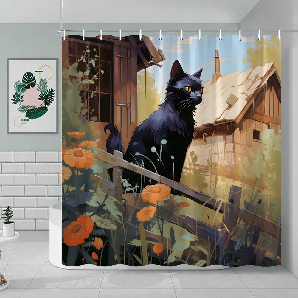 Asian Style Traditional Japanese Ink Painting Shower Curtain Vintage Cat Animal Cartoon Black Cat Silhouette Bathroom Decorative