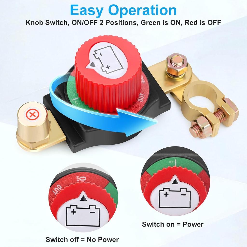 Top Post Battery Disconnect Switch, Positive Heavy Duty 12V 48V Waterproof Master Power Cut Off Isolator, On/Off Battery Switch Brass Terminals