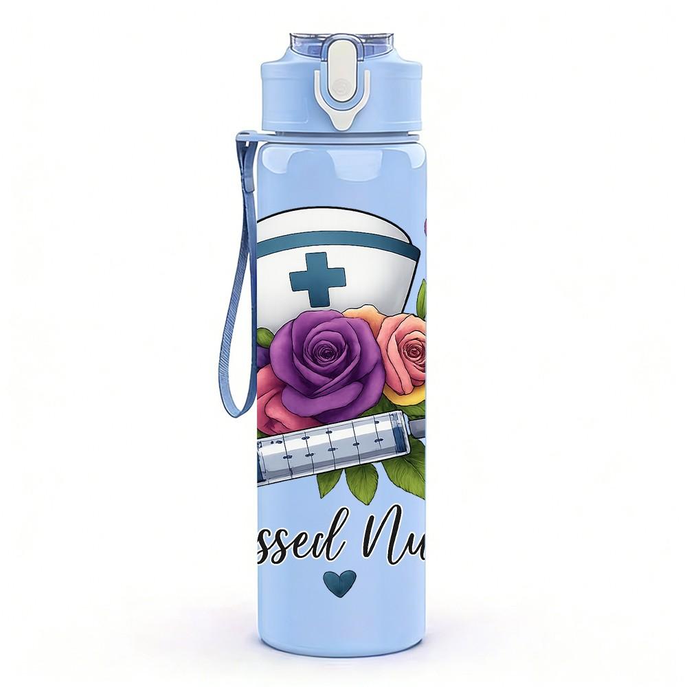 1PC Blessed Nurse Flower Badge 750ml Color Plastic Sports Water Bottle Leakproof Flip Straw Lid Suitable for Sports Office Home Use