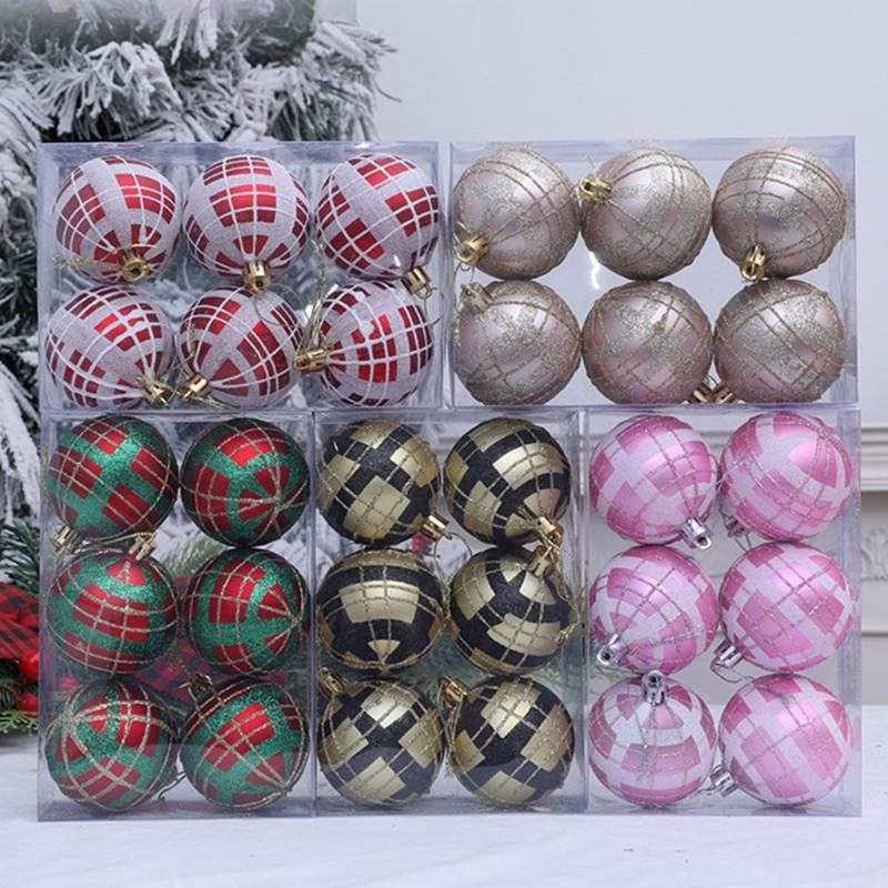 2 Boxes Christmas Tree Decorations Tartan Pattern Plastic Hanging Ball Festival Home Holiday Party Decorative Accent