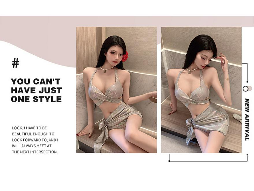 Dámská třídílná bikiny sada v japonském a korejském stylu 2024: Sexy na ramínka, zeštíhlující, rozparkové plavky na dovolenou nebo do horkých pramenů