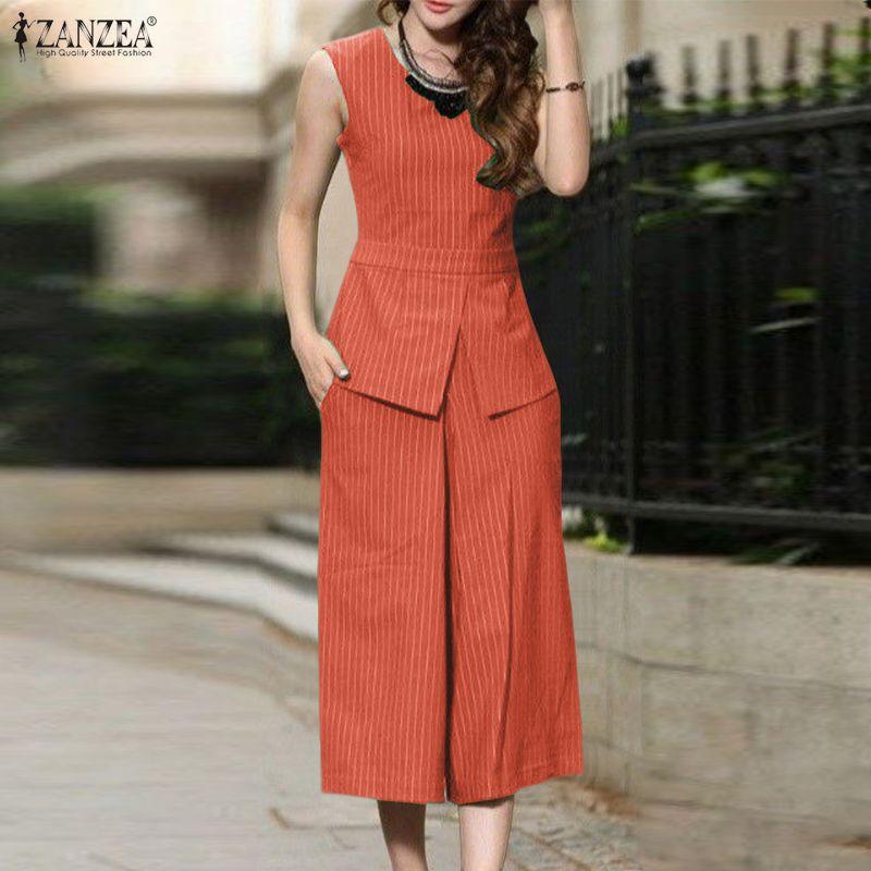 ZANZEA Women Sleeveless Vest Tops and Capris Pants Stripe Print Tow Piece Sets