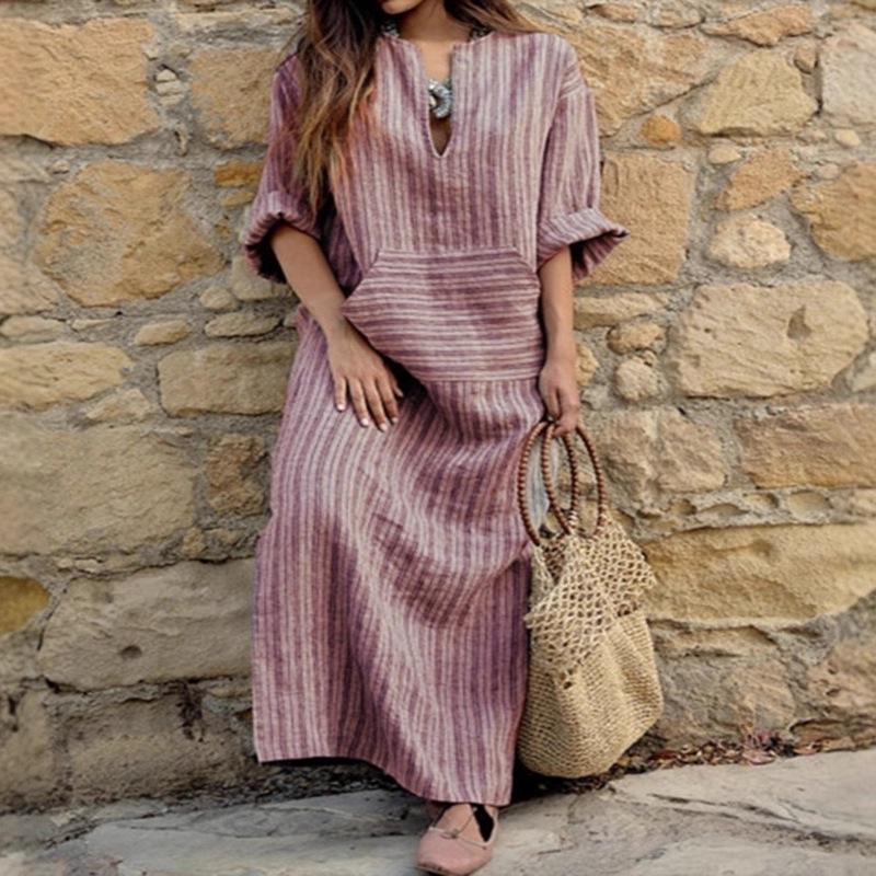 Women's European/American Cotton Linen Striped Pocket Dress