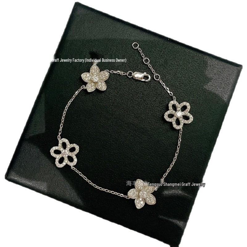 925 Sterling Silver & Gold Floral Diamond Bracelet, Hollowed-Out Five-Point Design, Exquisite Luxury.