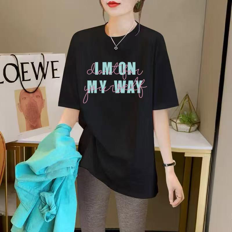 Short Sleeve Women's Medium and Long Hip Cover T-Shirt Summer Crew Neck Black Cotton T-Shirt Loose Large Top