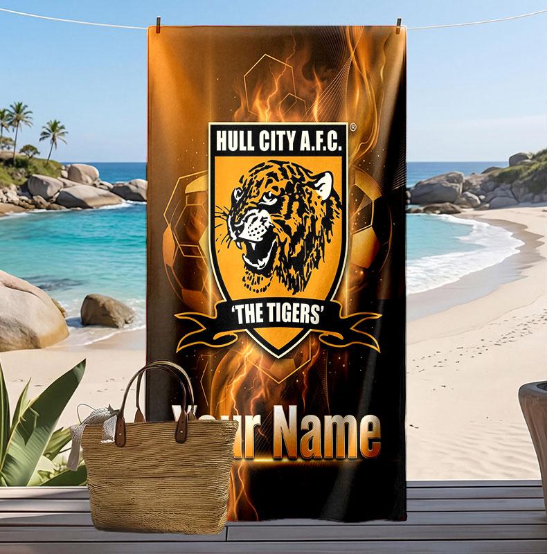 Asciugamano da Spiaggia Personalizzato Stampato Hull City Logo Calcio Supporto Nome Personalizzato Testo Asciugamano Assorbente Per Sport Viaggio Regalo Speciale