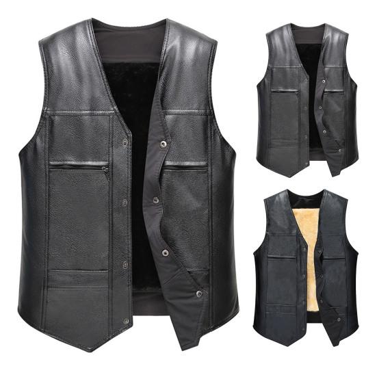 Men Vest V Neck Sleeveless All Match Faux Leather Windproof Extra Warm Motorcycle Waistcoat for Work
