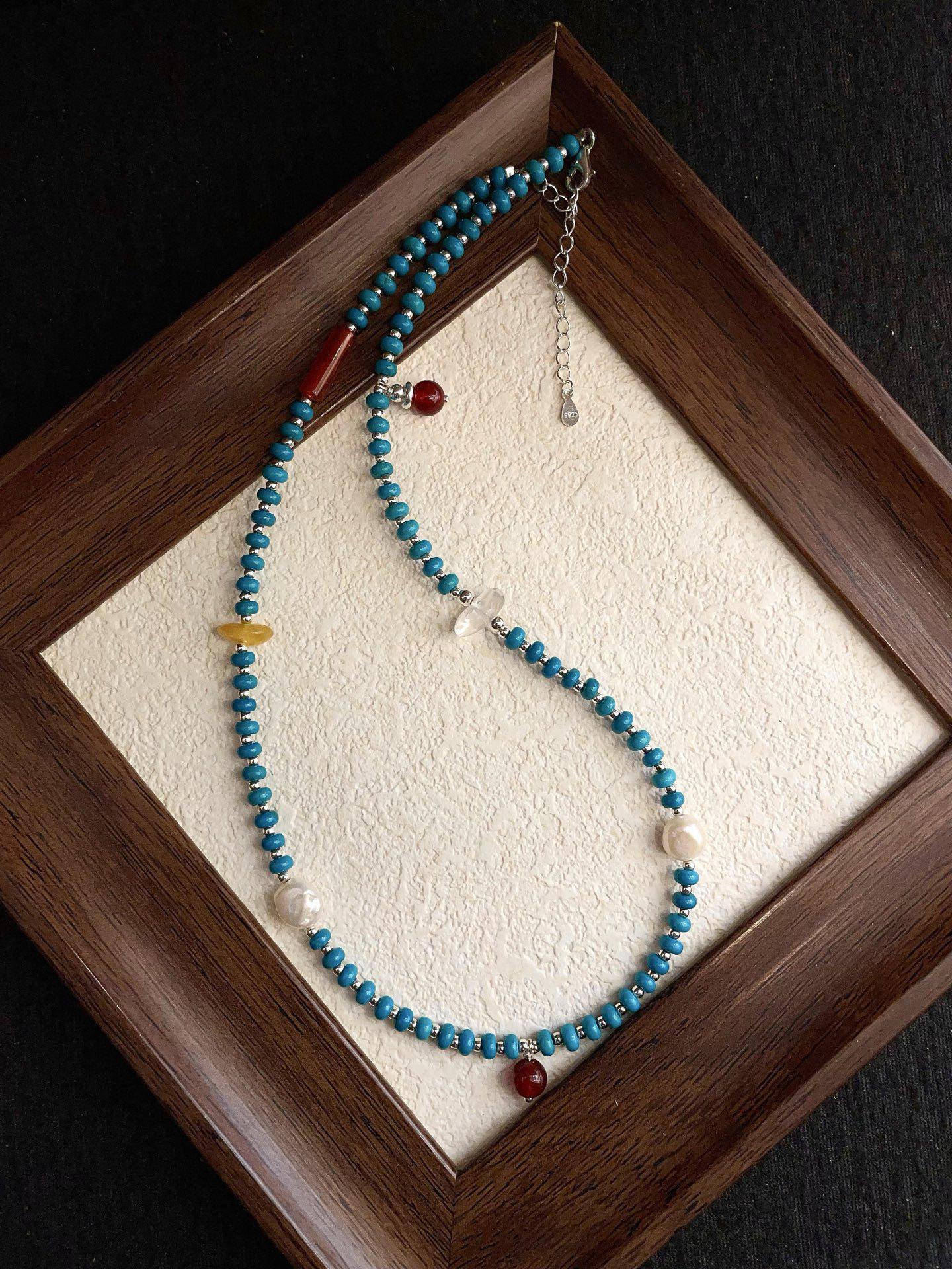 Multicolored Turquoise & Freshwater Pearl Necklace with Hand-Brushed 925 Sterling Silver Beads - Luxurious & Elegant.