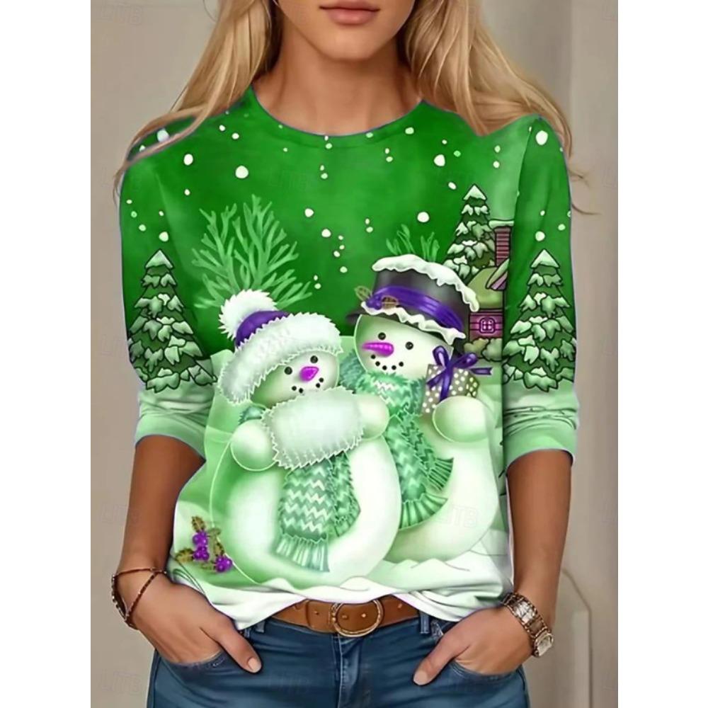 Tops for Women Christmas Pattern Round Neck Long Sleeve T-shirt Fall Casual Slim Pullover Women's Long Sleeve Top