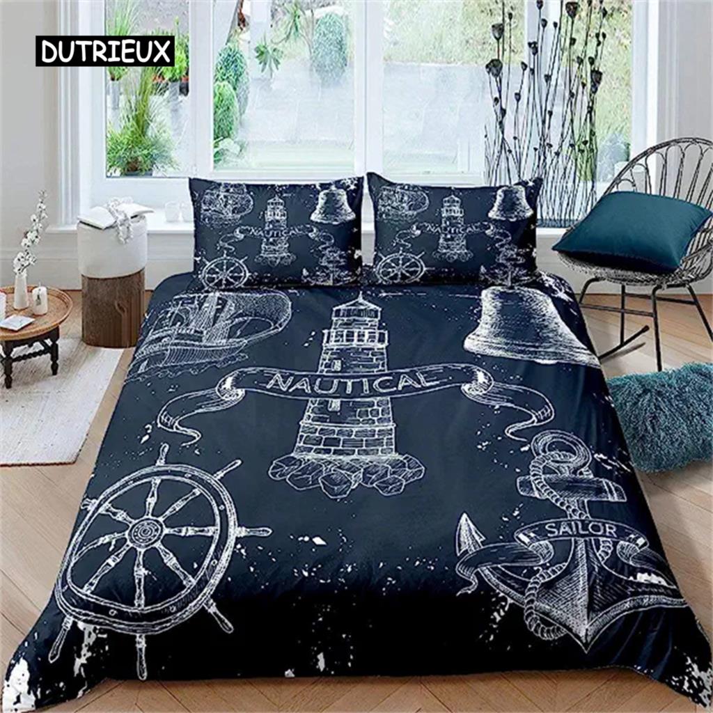 Anchor Duvet Cover Nautical Bedding Set Ship Anchor Chain With Lines Comforter Cover For Children Teen Bedroom Decoration Gifts